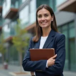 Agente immobilière devant un immeuble moderne en verre représentant les tendances actuelles du marché immobilier