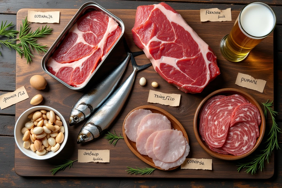 Aliments riches en purines à éviter pour réduire le taux d'acide urique : viande rouge, sardines, bière et charcuterie sur une table en bois
