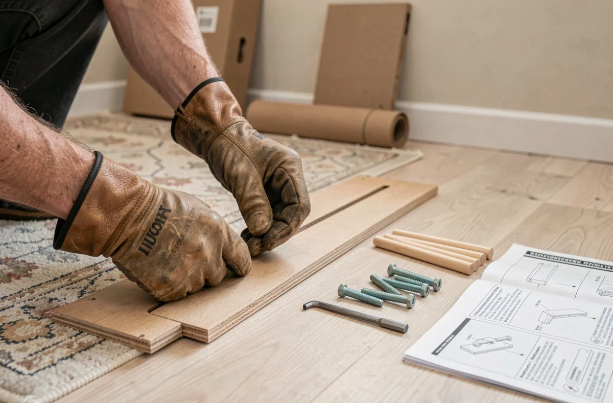 Gros plan sur des mains gantées assemblant des meubles en kit avec des outils et une notice d'instructions