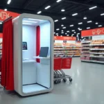 Borne photo automatique installée dans un hypermarché Leclerc avec cabine rideau et écran tactile