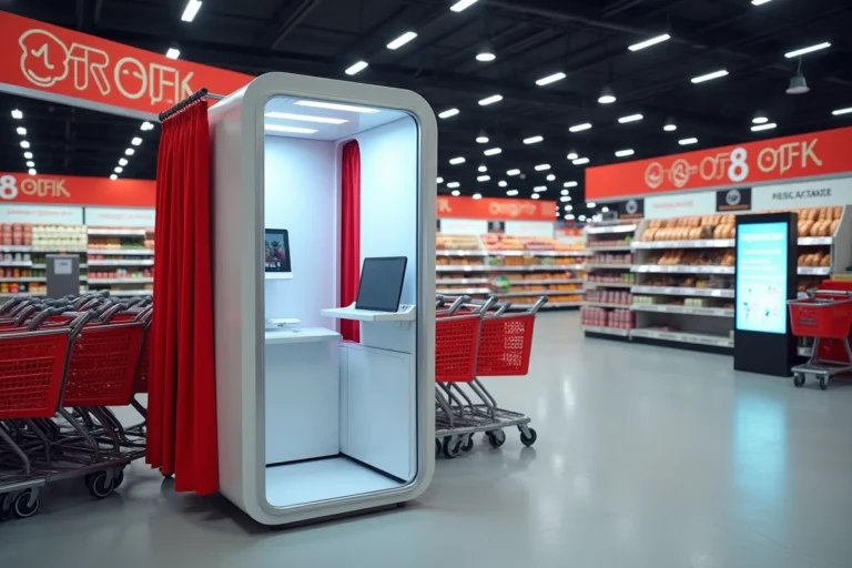Borne photo automatique installée dans un hypermarché Leclerc avec cabine rideau et écran tactile
