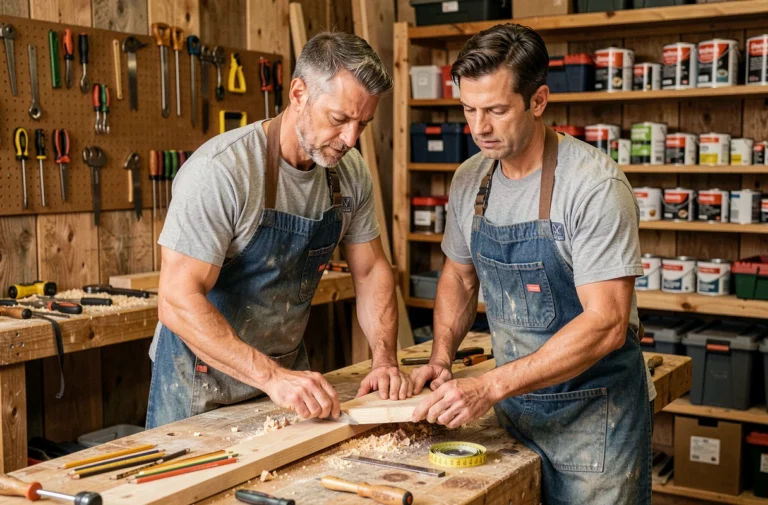 Un homme bricoleur mesurant une planche en bois dans un atelier bien équipé, entouré d'outils de bricolage