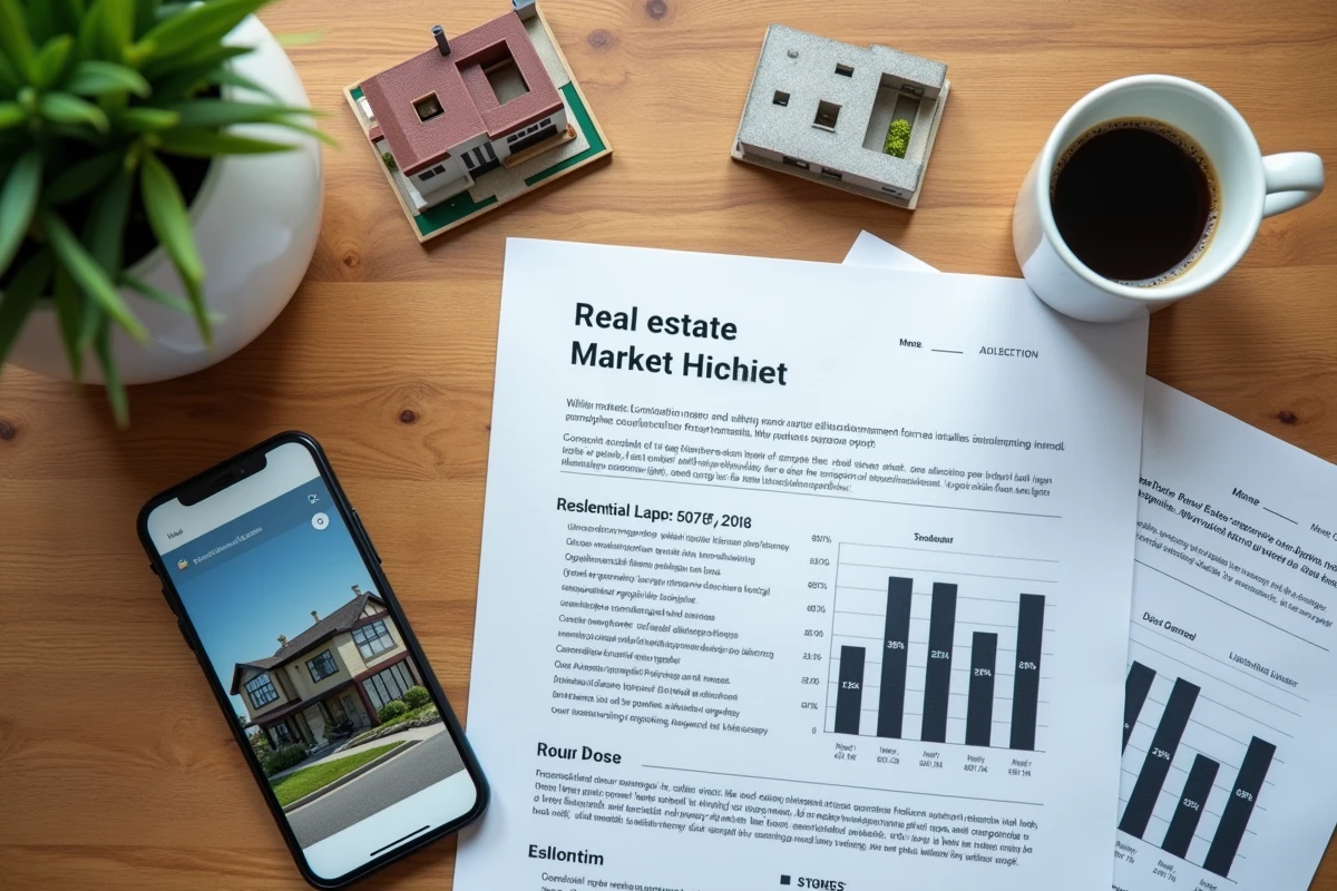 Bureau de professionnel immobilier avec rapport de marché, maquette et application mobile de tendances immobilières