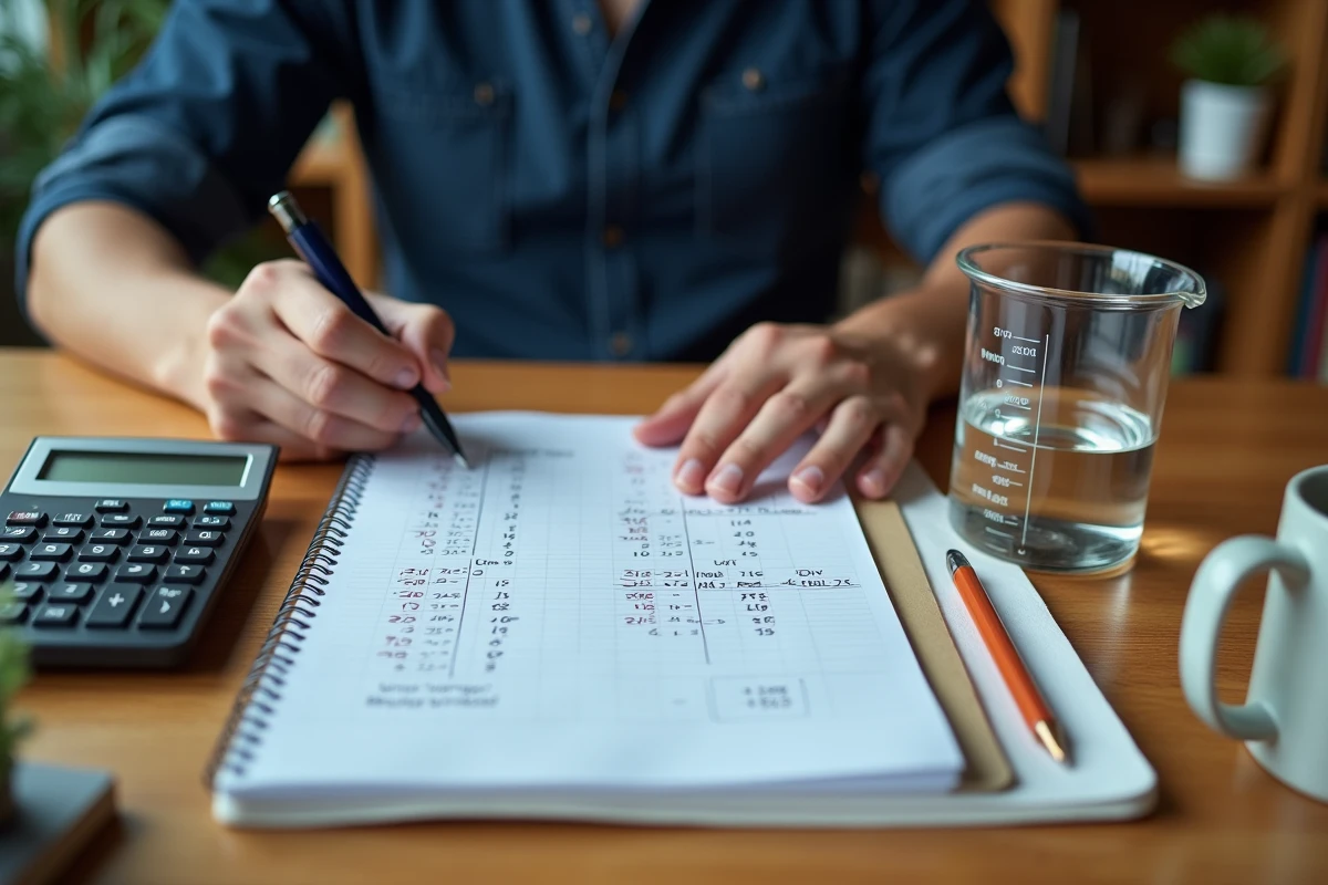 Homme écrivant une conversion de 400 ml en litres sur un cahier avec une calculatrice et un bécher gradué sur un bureau en bois