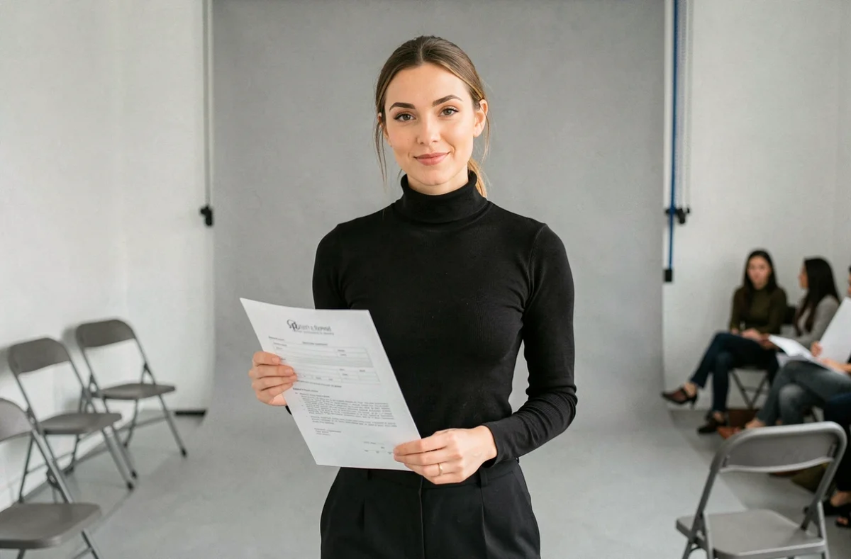 Femme candidate à un casting figurant à Paris dans un studio professionnel avec fond gris, tenant une fiche de casting
