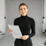 Femme candidate à un casting figurant à Paris dans un studio professionnel avec fond gris, tenant une fiche de casting