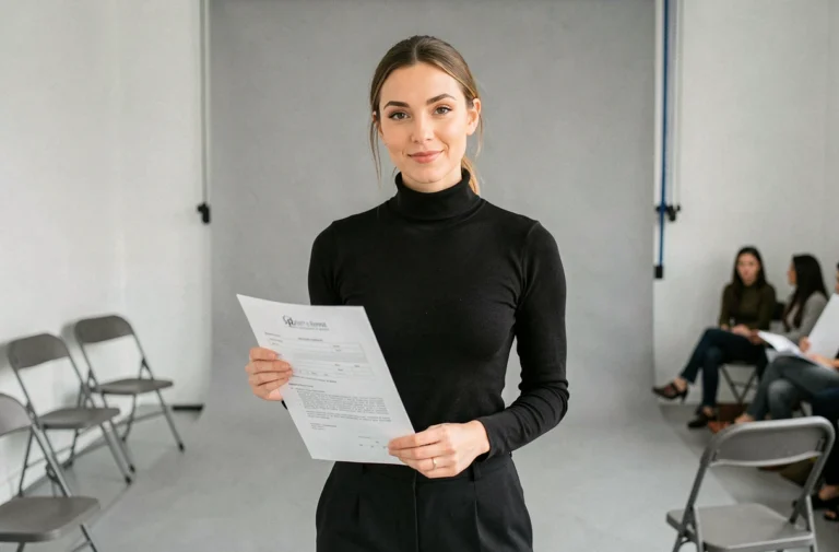 Femme candidate à un casting figurant à Paris dans un studio professionnel avec fond gris, tenant une fiche de casting