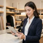 Jeune femme diplômée d'un BTS MCO travaillant comme responsable de boutique, consultant une tablette derrière un comptoir de commerce moderne