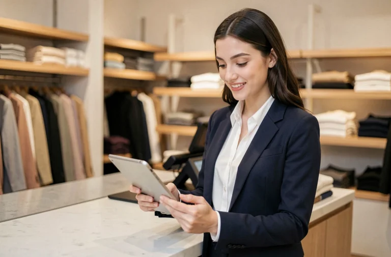 Jeune femme diplômée d'un BTS MCO travaillant comme responsable de boutique, consultant une tablette derrière un comptoir de commerce moderne