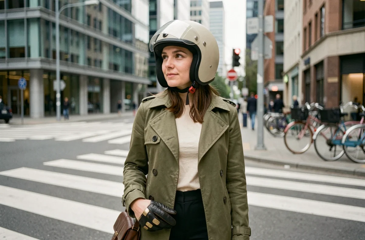 Femme portant un casque jet beige vintage avec visière bulle à un carrefour urbain animé, vêtue d'un trench coat olive