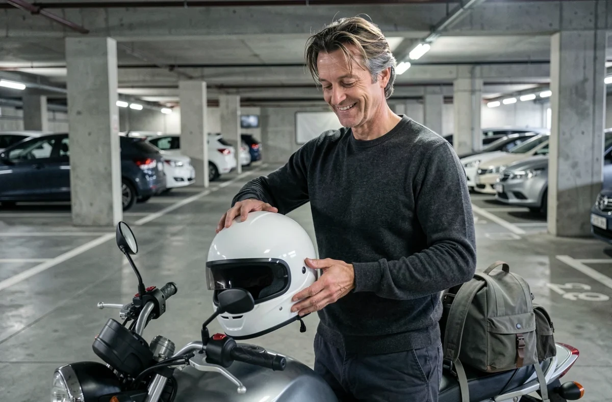 Homme retirant son casque jet blanc brillant dans un parking souterrain après un trajet urbain quotidien en moto