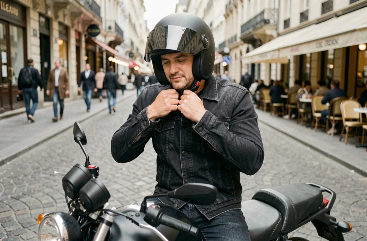 Homme portant un casque jet noir mat en milieu urbain, ajustant la jugulaire sur sa moto garée dans une rue pavée de ville européenne
