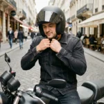 Homme portant un casque jet noir mat en milieu urbain, ajustant la jugulaire sur sa moto garée dans une rue pavée de ville européenne