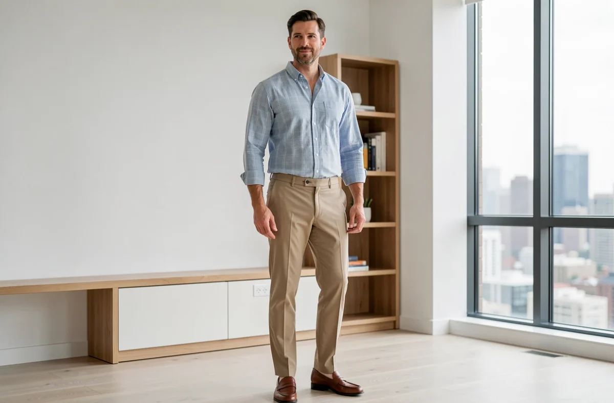 Homme moderne portant une chemise chambray à carreaux dans un appartement minimaliste contemporain