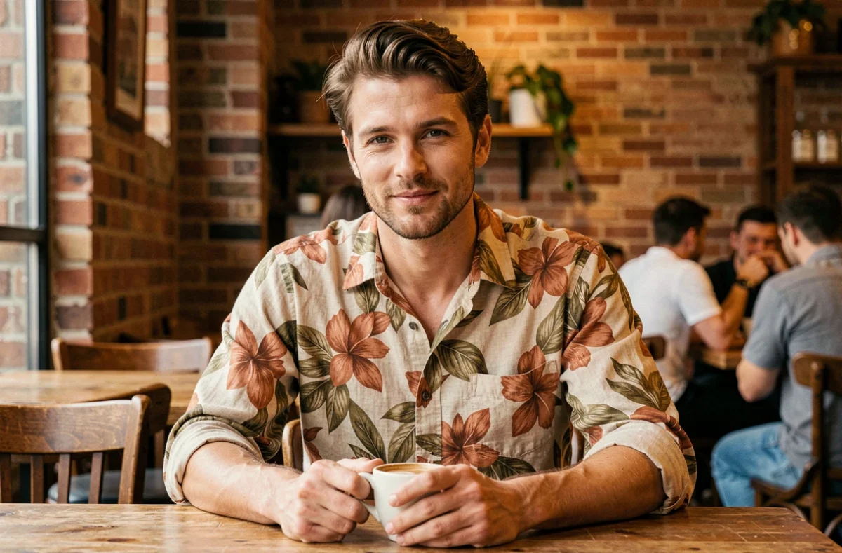 Homme tendance en chemise lin à imprimé floral terracotta assis dans un café urbain chaleureux