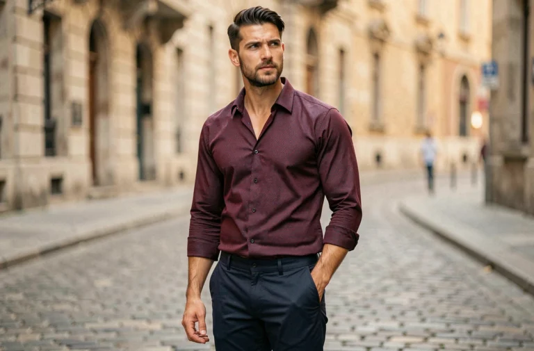 Homme élégant portant une chemise originale à motif géométrique bordeaux dans une rue pavée européenne