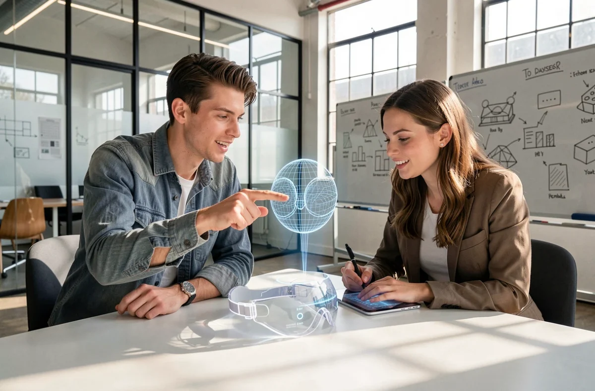 Deux professionnels collaborant autour d'un casque de réalité augmentée dans un incubateur technologique