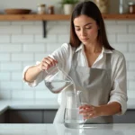 Femme versant 400 ml d'eau dans un pichet d'un litre dans une cuisine moderne pour illustrer la conversion de millilitres en litres