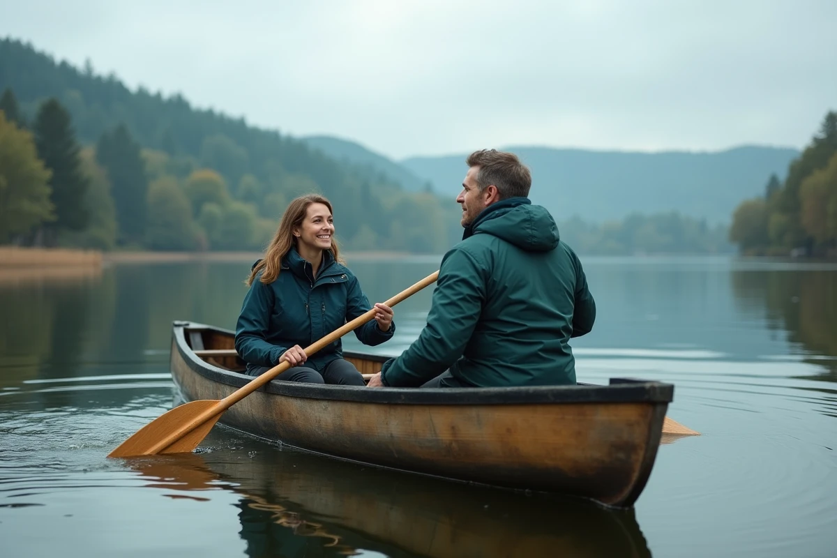 Couple en canoë sur un lac calme entouré de forêts en France, activité nature en plein air pour un séjour ressourçant