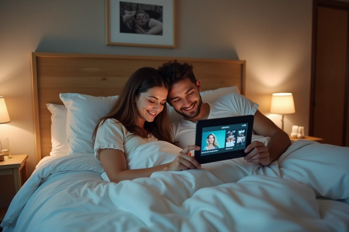 Couple regardant un film en streaming légal sur une tablette dans une chambre confortable