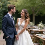 Jeune couple heureux lors d'un mariage en plein air