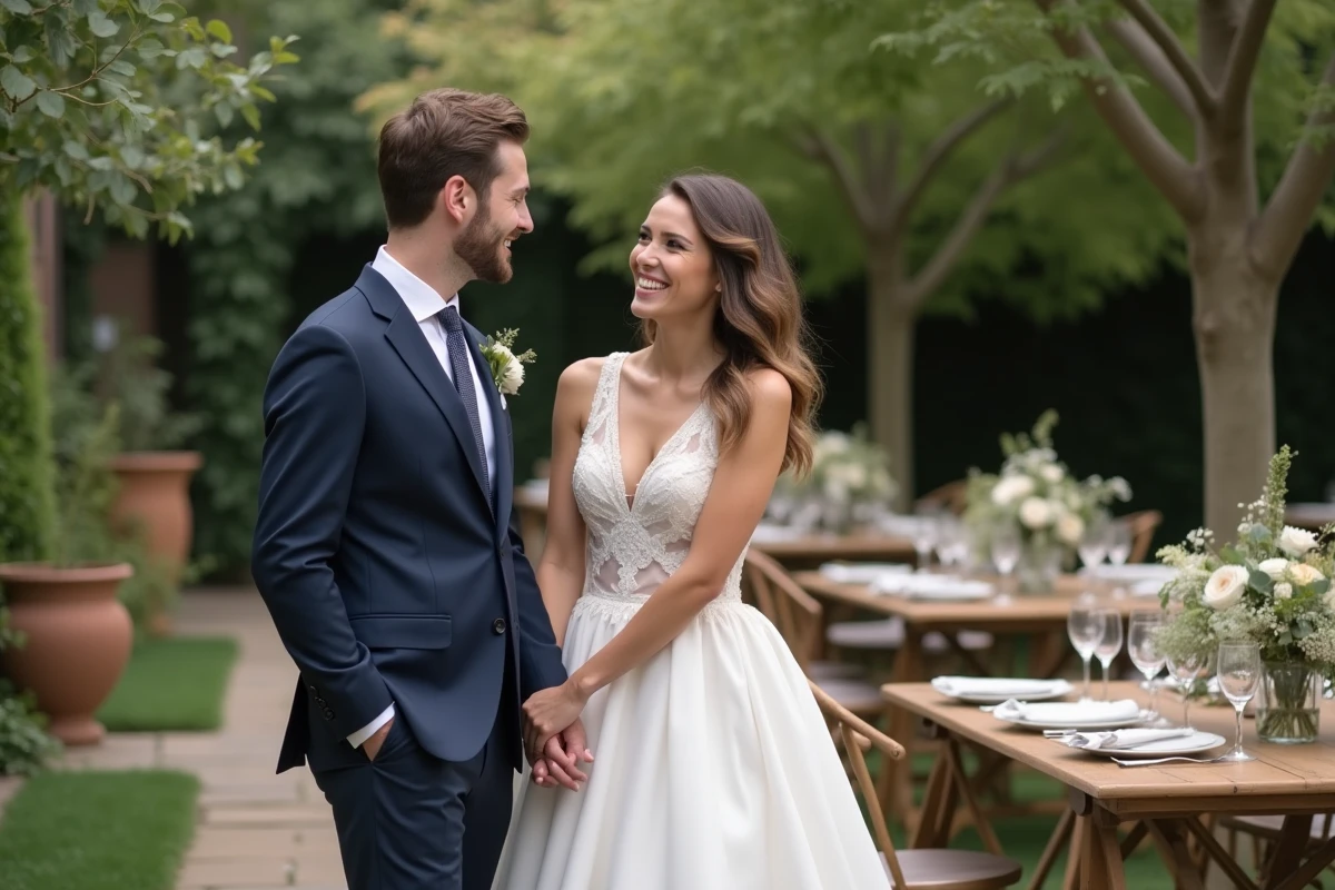 Jeune couple heureux lors d'un mariage en plein air