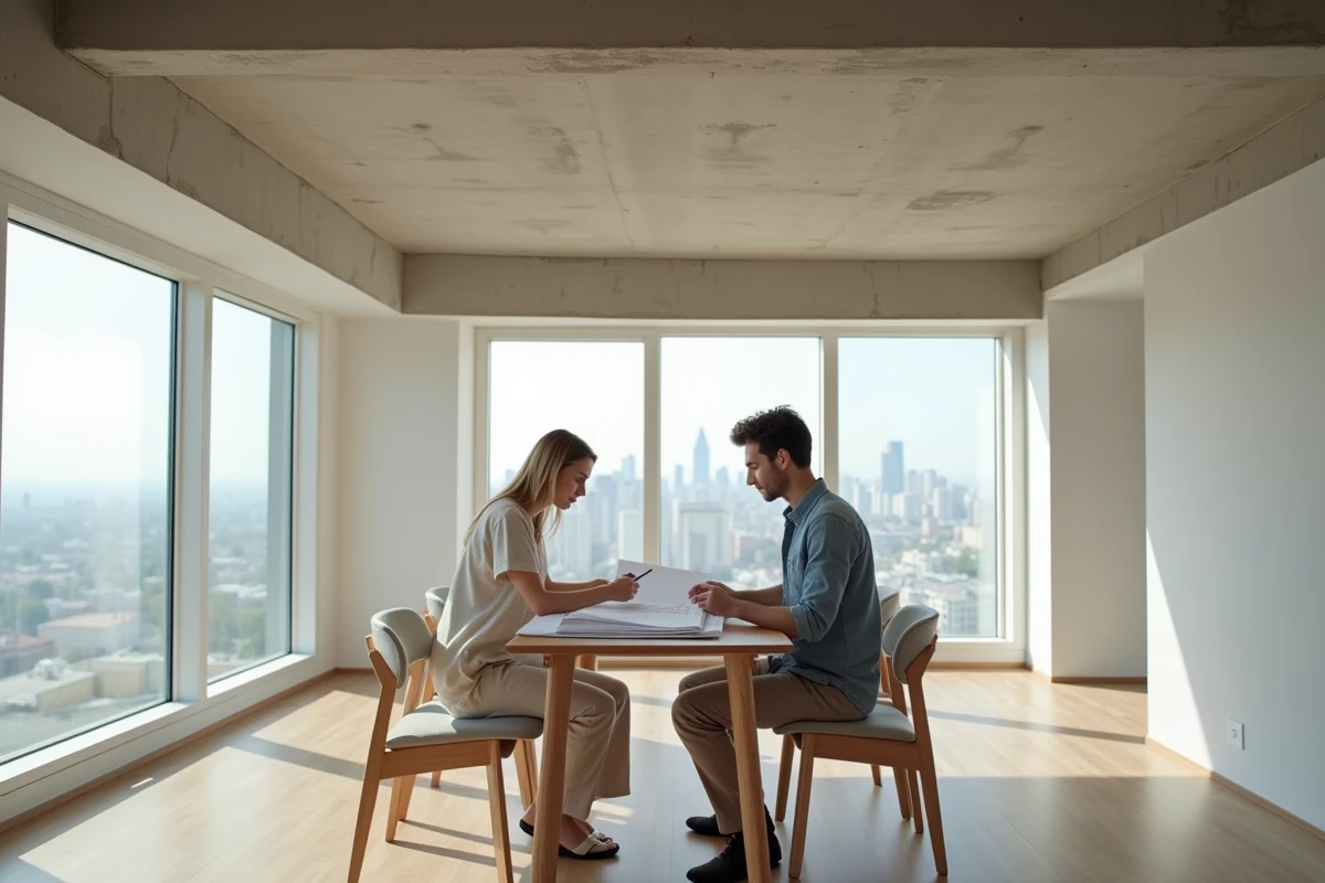 Couple examinant des plans architecturaux dans un appartement vide lors d'une visite immobilière