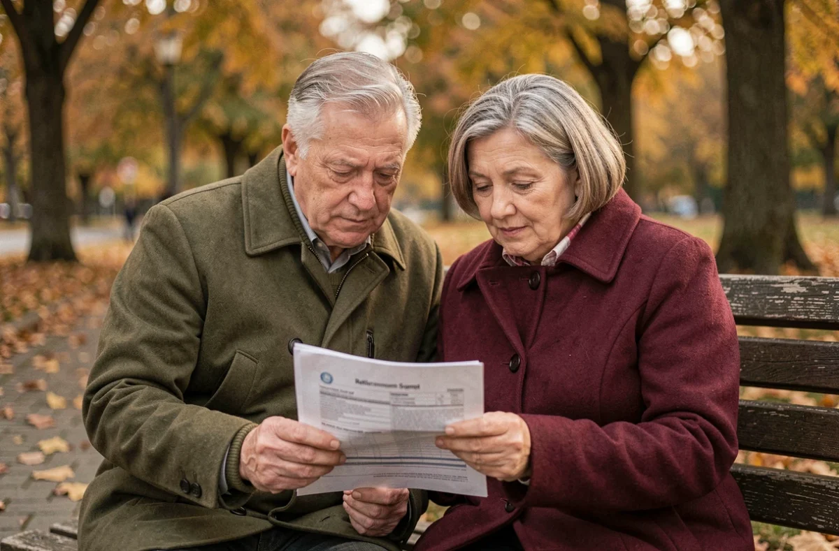 Couple de retraités lisant un relevé de pension assis sur un banc dans un parc en automne