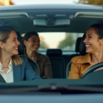 Trois collègues adultes partageant un trajet en covoiturage dans une voiture compacte moderne sur une route urbaine