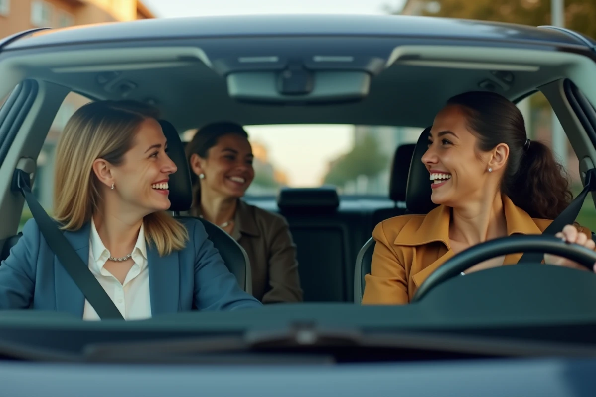 Trois collègues adultes partageant un trajet en covoiturage dans une voiture compacte moderne sur une route urbaine
