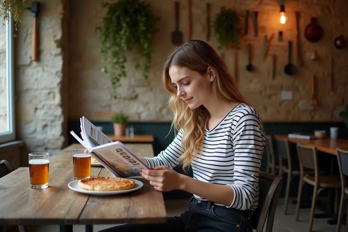 Jeune femme lisant un magazine culturel breton dans une crêperie traditionnelle en granit