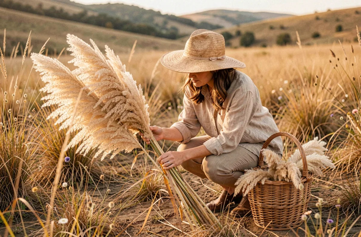 Femme cueillant des branches de pampa dans un champ naturel en automne avec un panier en osier