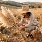 Femme cueillant des branches de pampa dans un champ naturel en automne avec un panier en osier