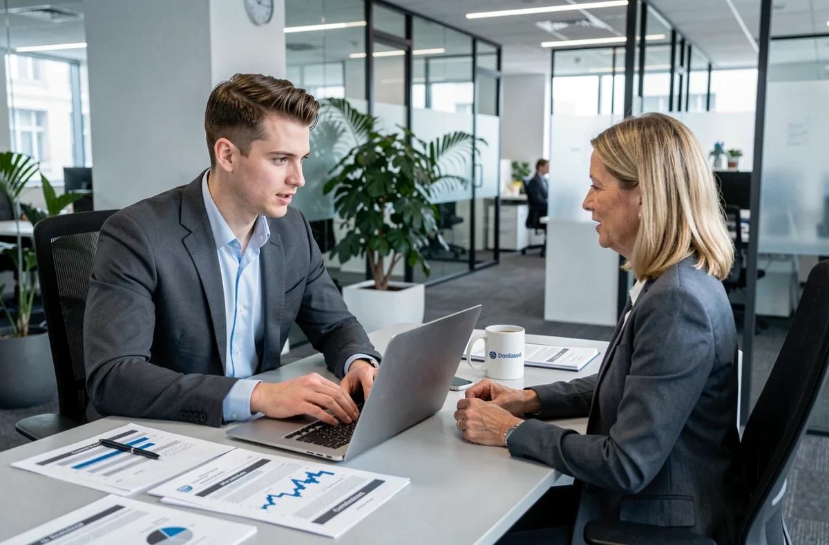 Jeune commercial issu d'un BTS MCO analysant des rapports de vente avec une collègue dans un bureau moderne en open space