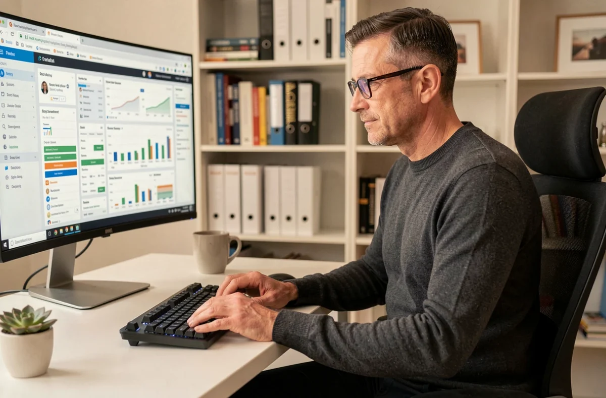 Entrepreneur masculin travaillant sur une stratégie de marketing digital depuis un bureau à domicile minimaliste avec des outils SEO ouverts sur écran