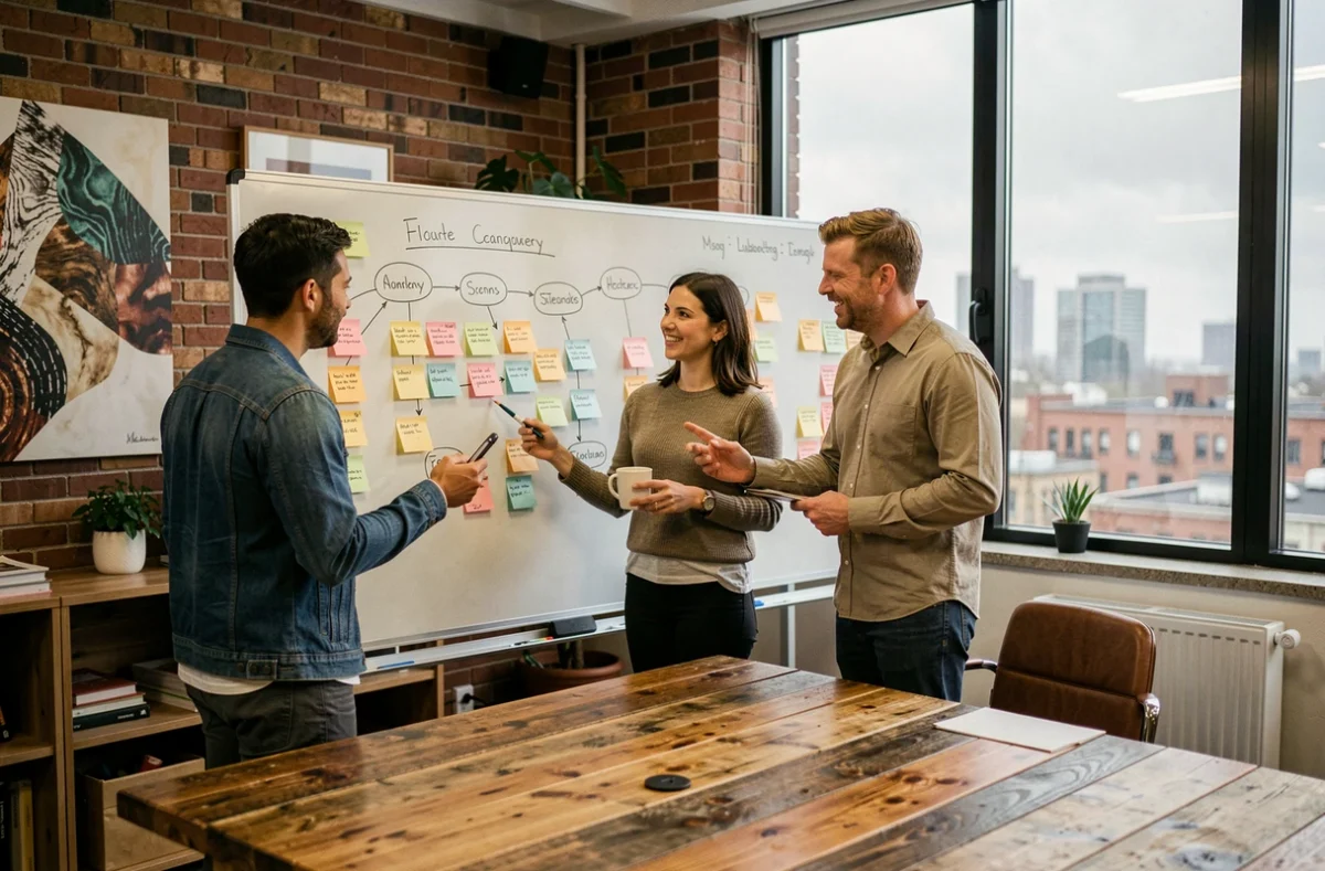 Équipe marketing diverse en séance de brainstorming autour d'un tableau blanc couvert de notes stratégiques dans une agence créative