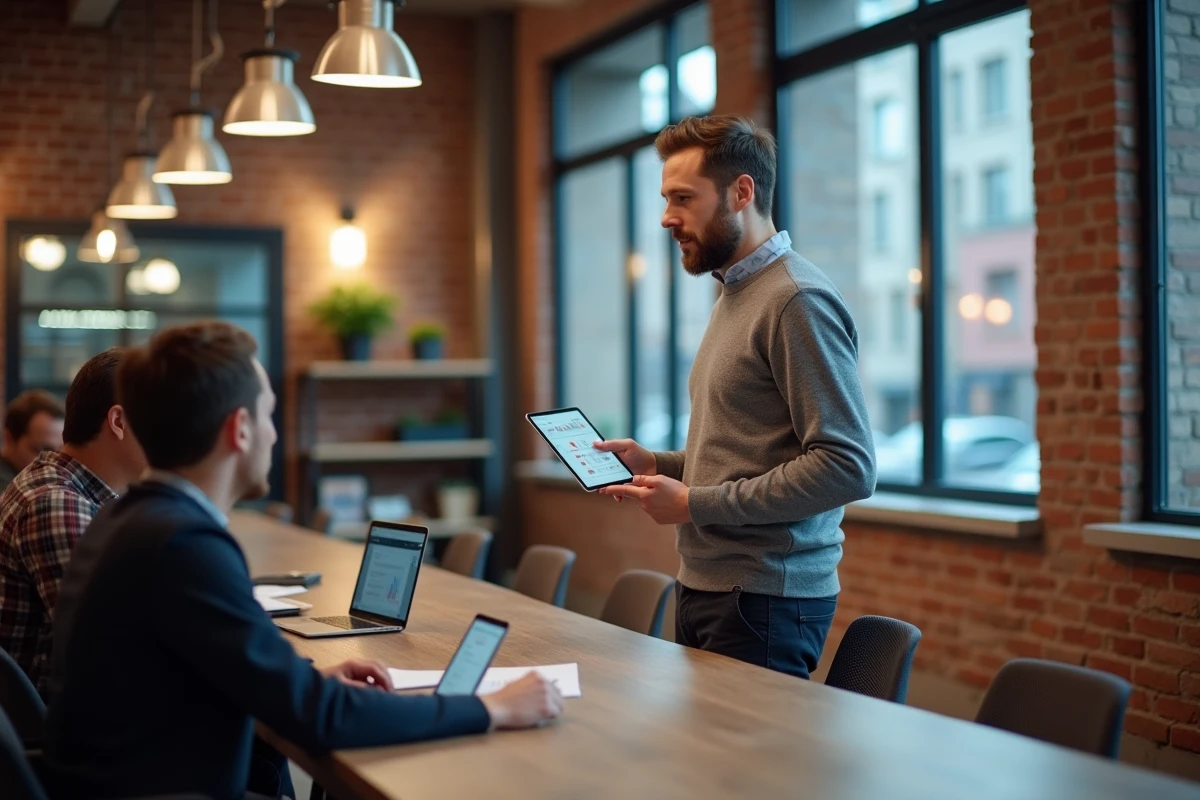 Équipe de professionnels collaborant sur des stratégies de business en ligne dans un espace de coworking moderne