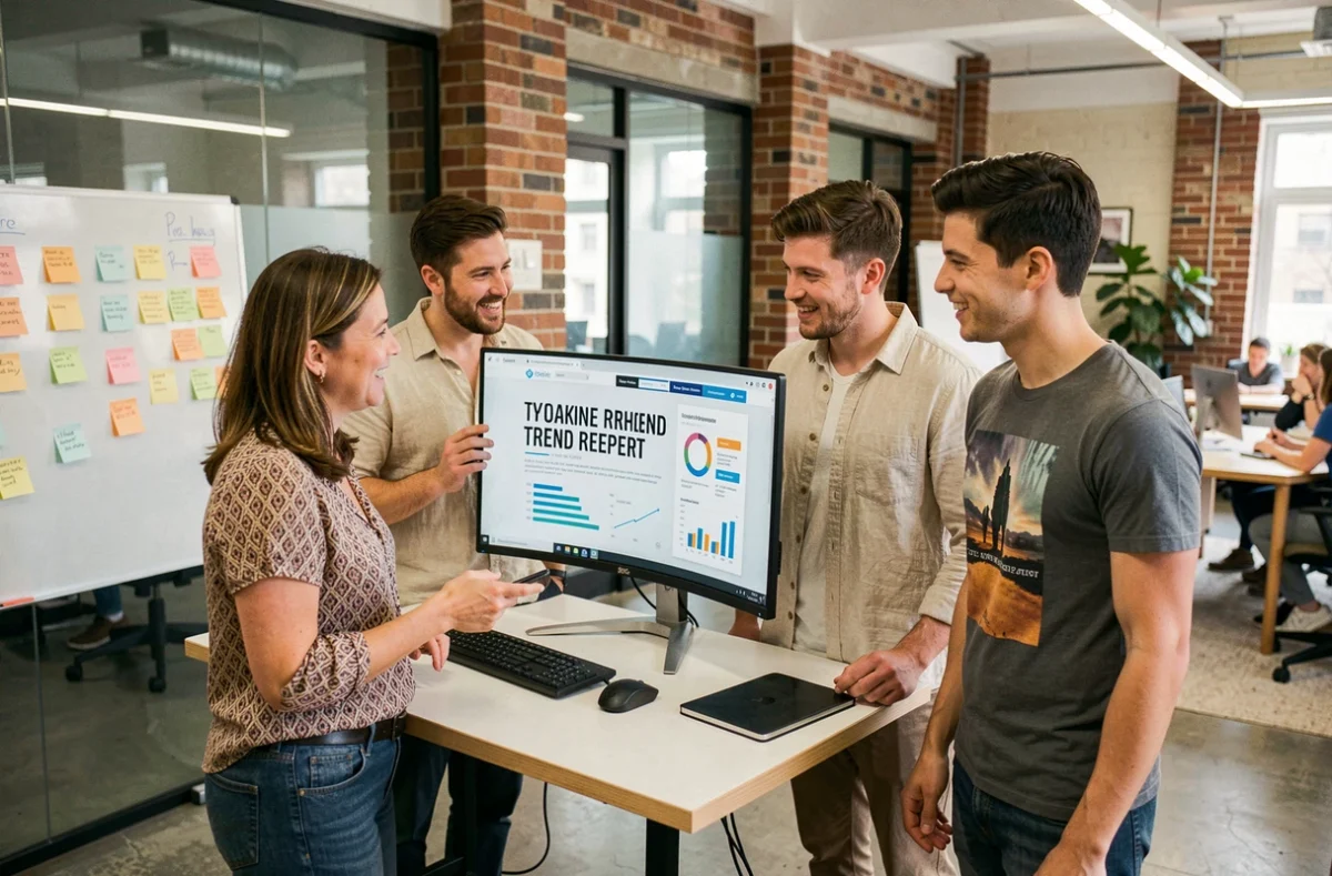 Équipe de professionnels du numérique discutant des dernières tendances et actualités du web autour d'un écran dans un bureau de startup