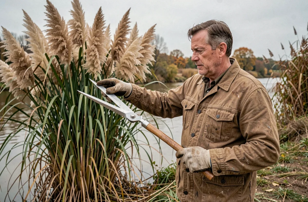 Homme expert montrant des techniques de cueillette de pampa au bord d'une rivière avec des cisailles de jardinage