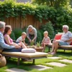 Famille multigenerational dans un jardin en été