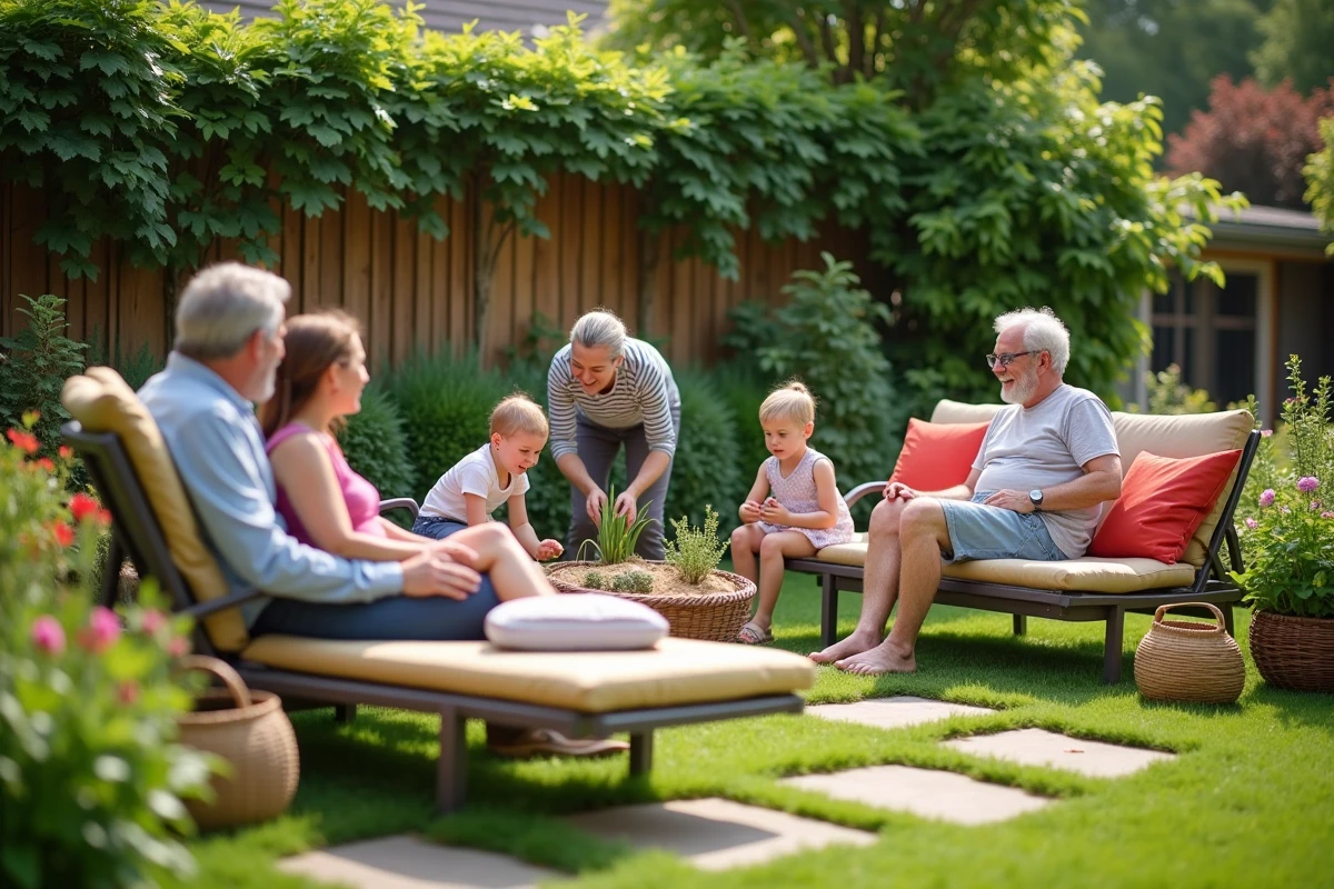 Famille multigenerational dans un jardin en été