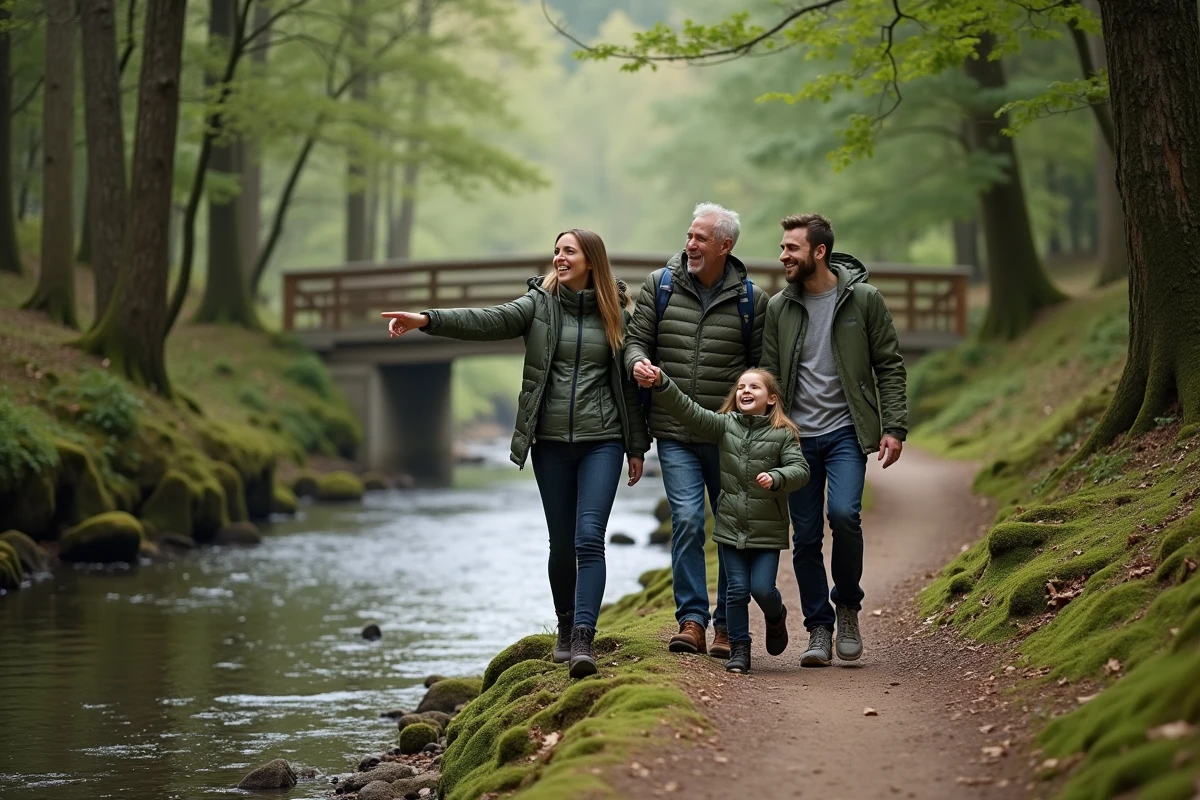 Famille en randonnée sur un sentier forestier au bord d'une rivière dans un parc naturel régional français, alternative nature à Center Parcs