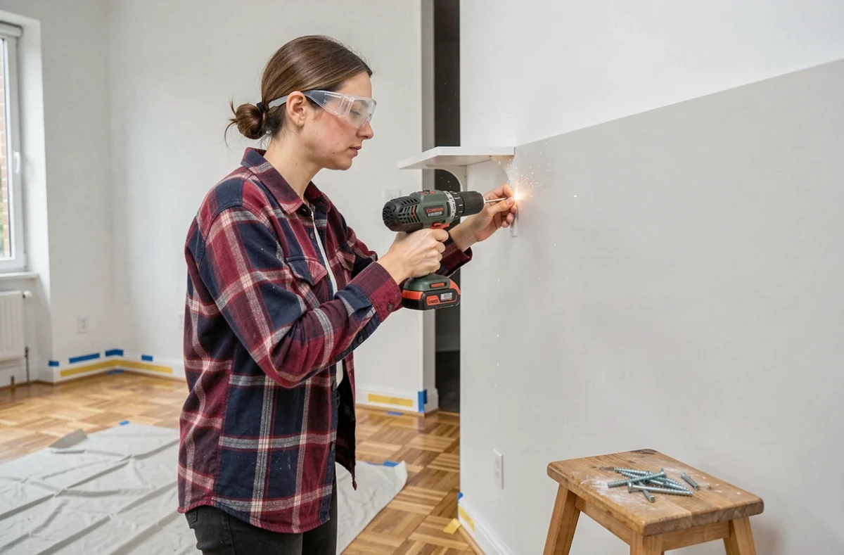 Une femme bricolant dans un appartement, perçant un mur avec une perceuse sans fil pour installer des étagères