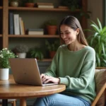 Femme assise à un bureau avec ordinateur dans un cadre nature