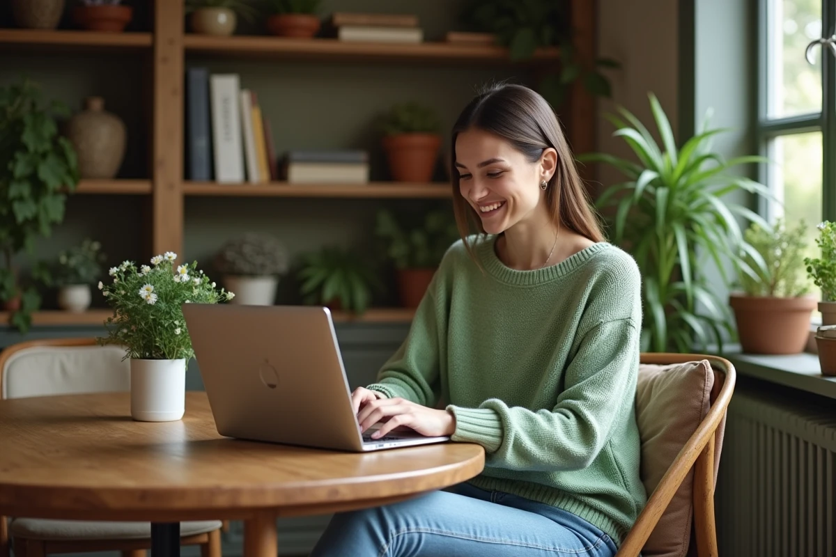 Femme assise à un bureau avec ordinateur dans un cadre nature