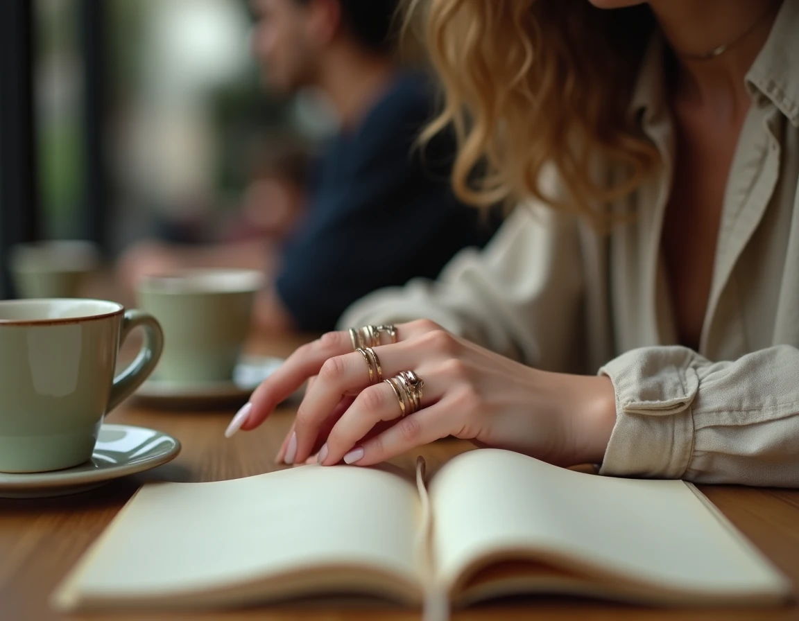 Jeune femme bohème dans un café avec un ongle long naturel au petit doigt posé sur une table