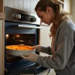 Femme vérifiant un gratin dans un four moderne lumineux
