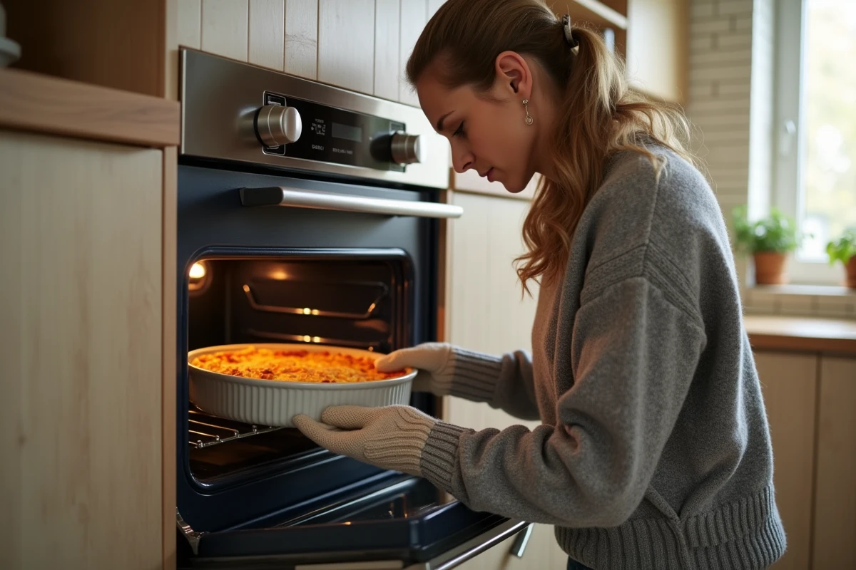 Femme vérifiant un gratin dans un four moderne lumineux