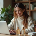 Femme souriante compare deux parfums dans un intérieur cosy
