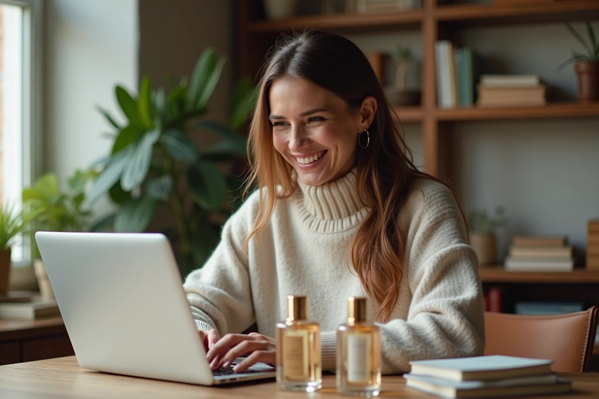 Femme souriante compare deux parfums dans un intérieur cosy